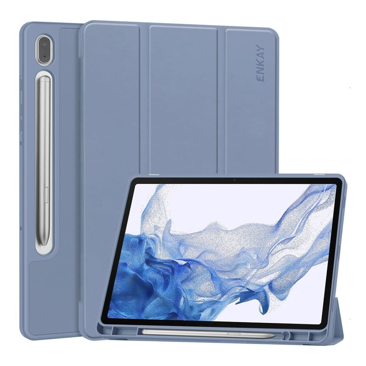 For Samsung Galaxy Tab S9 ENKAY Tri-fold Custer Leather TPU Bottom Smart Case with Pen Slot(Purple) - free shipping - PMC Jewellery - Order now!
