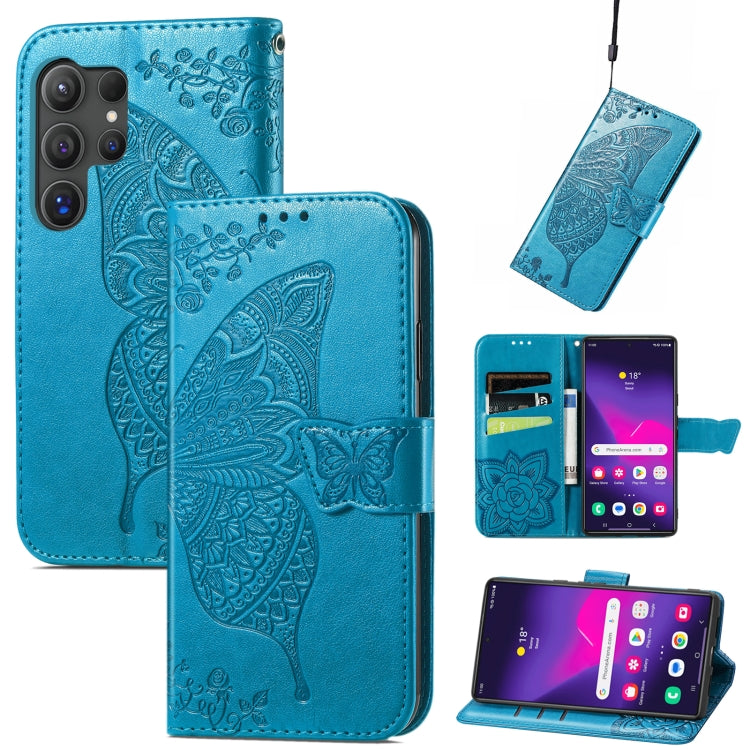 For Samsung Galaxy S24 Ultra 5G Butterfly Love Flower Embossed Leather Phone Case(Blue) - Galaxy S24 Ultra 5G Cases by PMC TechLife | Online Shopping South Africa | PMC TechLife
