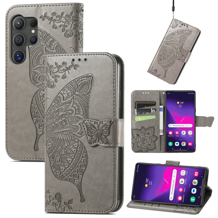For Samsung Galaxy S24 Ultra 5G Butterfly Love Flower Embossed Leather Phone Case(Gray) - Galaxy S24 Ultra 5G Cases by PMC TechLife | Online Shopping South Africa | PMC TechLife