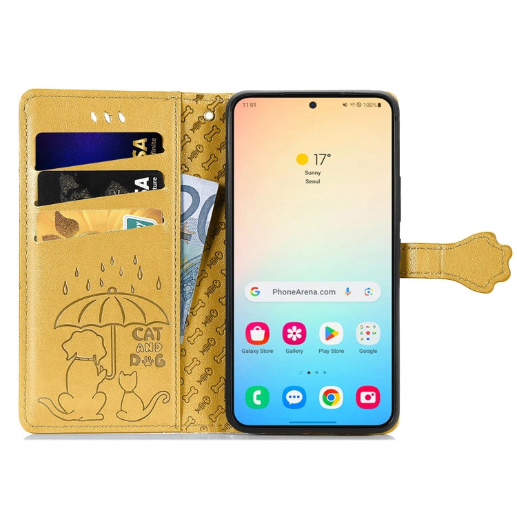 For Samsung Galaxy S25 5G Cat and Dog Embossed Leather Phone Case(Yellow) - Galaxy S25 5G Cases by PMC Jewellery | Online Shopping South Africa | PMC Jewellery | Buy Now Pay Later Mobicred