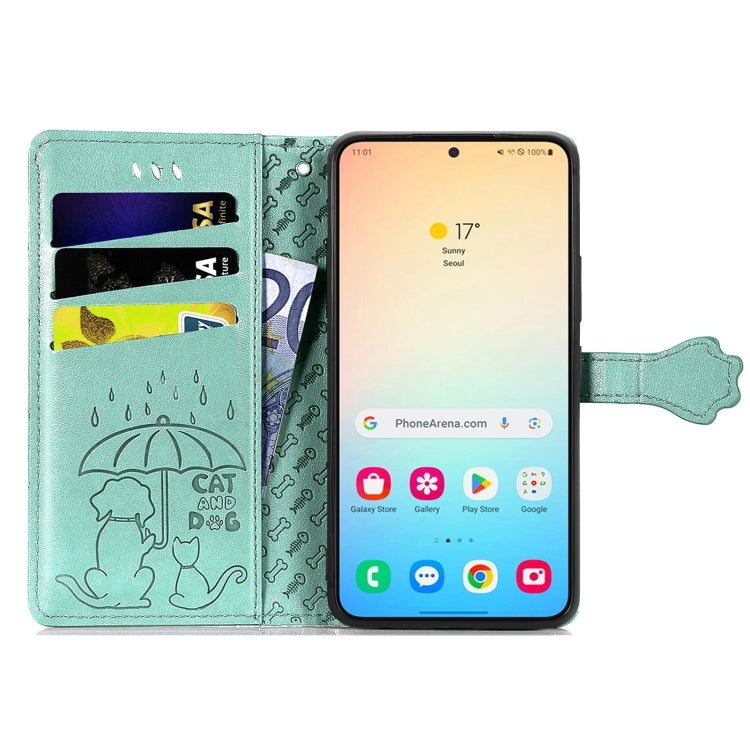 For Samsung Galaxy S25 5G Cat and Dog Embossed Leather Phone Case(Green) - Galaxy S25 5G Cases by PMC Jewellery | Online Shopping South Africa | PMC Jewellery | Buy Now Pay Later Mobicred