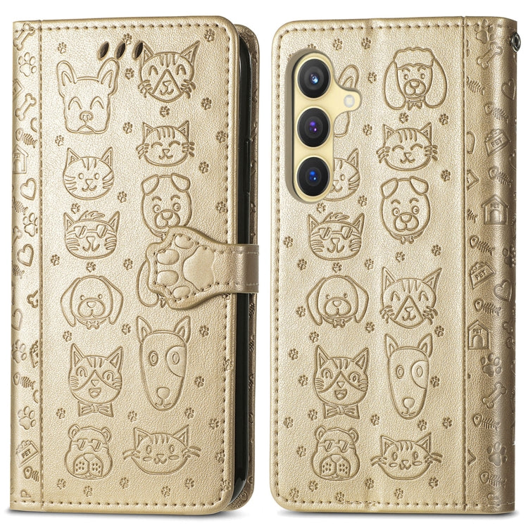 For Samsung Galaxy S25+ 5G Cat and Dog Embossed Leather Phone Case(Gold) - Galaxy S25+ 5G Cases by PMC Jewellery | Online Shopping South Africa | PMC Jewellery | Buy Now Pay Later Mobicred