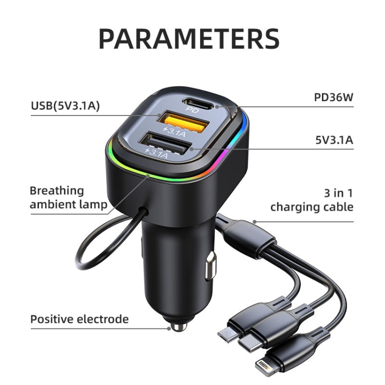 K5 With 3-in-1 Charging Cable Dual USB + 1 Type-C PD Phone Fast Charging Adapter Car Charger - Car Charger by PMC TechLife | Online Shopping South Africa | PMC TechLife | Buy Now Pay Later Mobicred