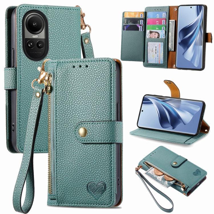 For OPPO Reno10 / 10 Pro Global Love Zipper Lanyard Leather Phone Case(Green) - OPPO Cases by PMC TechLife | Online Shopping South Africa | PMC TechLife | Buy Now Pay Later Mobicred