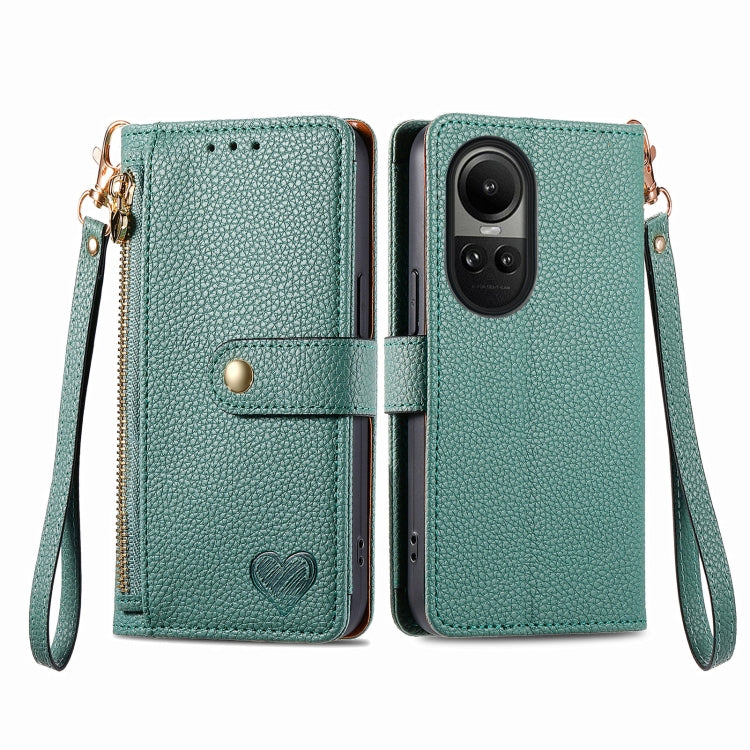 For OPPO Reno10 / 10 Pro Global Love Zipper Lanyard Leather Phone Case(Green) - OPPO Cases by PMC TechLife | Online Shopping South Africa | PMC TechLife | Buy Now Pay Later Mobicred