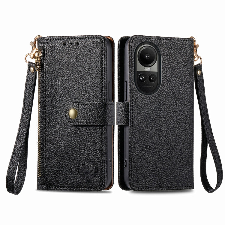 For OPPO Reno10 / 10 Pro Global Love Zipper Lanyard Leather Phone Case(Black) - OPPO Cases by PMC TechLife | Online Shopping South Africa | PMC TechLife