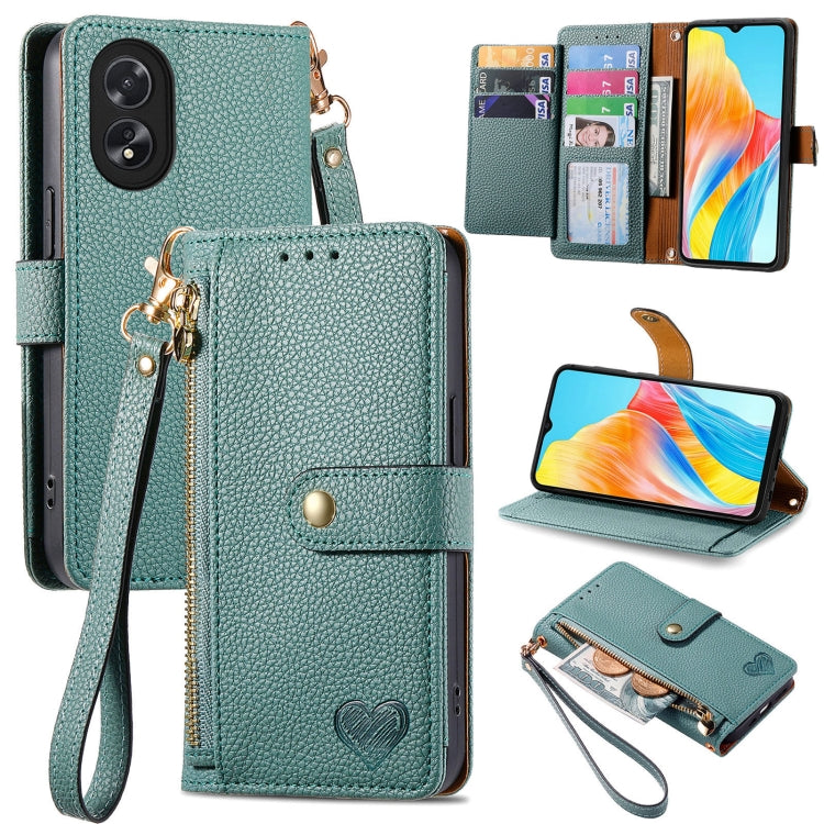 For OPPO A38 Love Zipper Lanyard Leather Phone Case(Green) - A38 Cases by PMC TechLife | Online Shopping South Africa | PMC TechLife | Buy Now Pay Later Mobicred