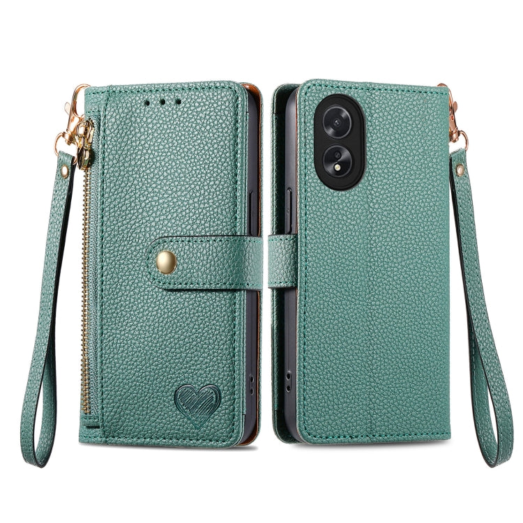 For OPPO A38 Love Zipper Lanyard Leather Phone Case(Green) - A38 Cases by PMC TechLife | Online Shopping South Africa | PMC TechLife | Buy Now Pay Later Mobicred