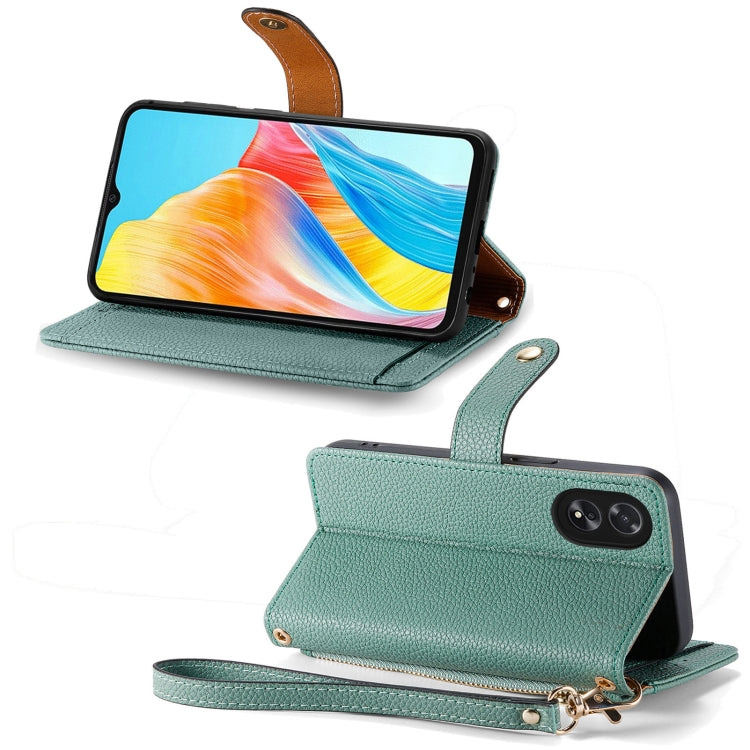 For OPPO A38 Love Zipper Lanyard Leather Phone Case(Green) - A38 Cases by PMC TechLife | Online Shopping South Africa | PMC TechLife | Buy Now Pay Later Mobicred