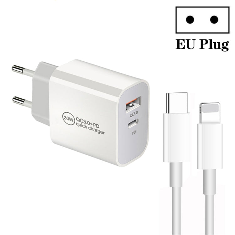 PD30W USB-C / Type-C + QC3.0 USB Dual Port Charger with 1m Type-C to 8 Pin Data Cable, EU Plug - free shipping - PMC Jewellery - Order now!
