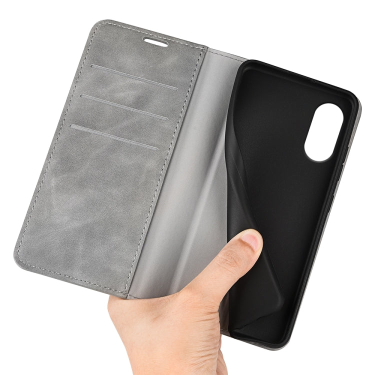 For Motorola Moto G Play 2024 Retro-skin Magnetic Suction Leather Phone Case(Grey) - Motorola Cases by PMC Jewellery | Online Shopping South Africa | PMC Jewellery | Buy Now Pay Later Mobicred