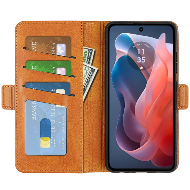For Motorola Moto G Play 2024 Dual-side Magnetic Buckle Horizontal Flip Leather Phone Case(Yellow) - Motorola Cases by PMC Jewellery | Online Shopping South Africa | PMC Jewellery | Buy Now Pay Later Mobicred