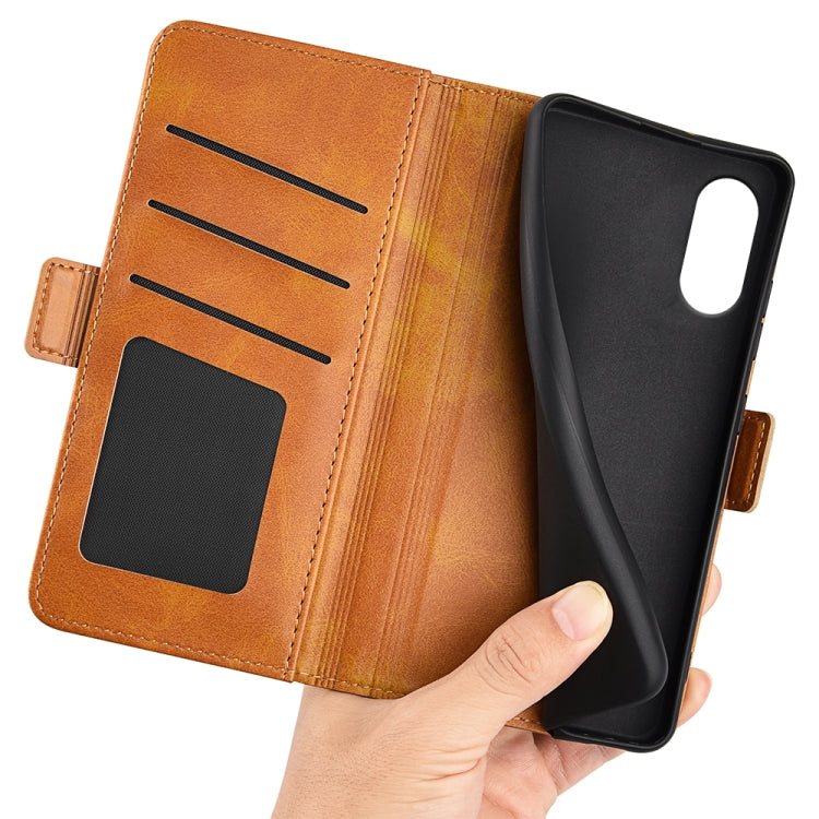 For Motorola Moto G Play 2024 Dual-side Magnetic Buckle Horizontal Flip Leather Phone Case(Yellow) - Motorola Cases by PMC Jewellery | Online Shopping South Africa | PMC Jewellery | Buy Now Pay Later Mobicred