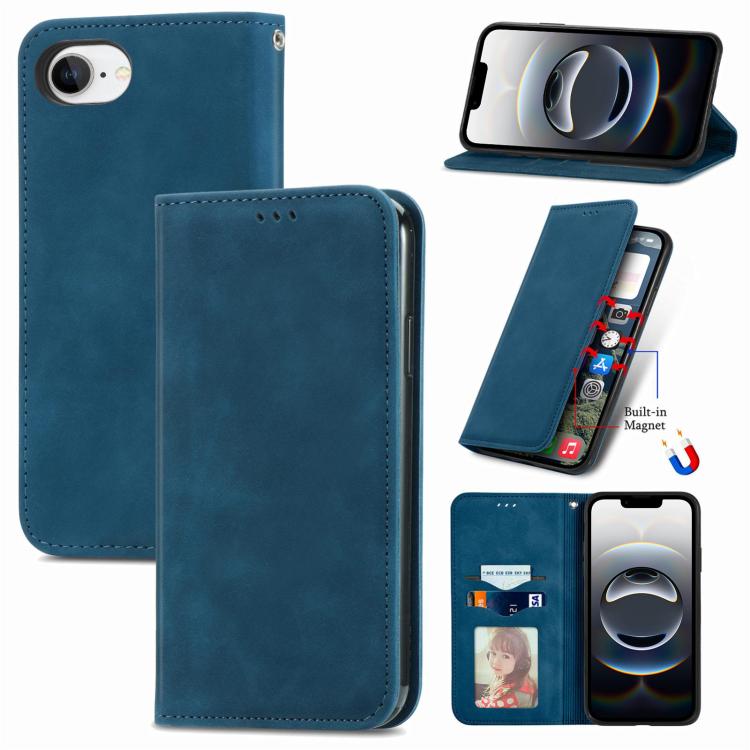 For iPhone 16e Retro Skin Feel Magnetic Flip Leather Phone Case(Blue) - iPhone 16e Cases by PMC TechLife | Online Shopping South Africa | PMC TechLife | Buy Now Pay Later Mobicred