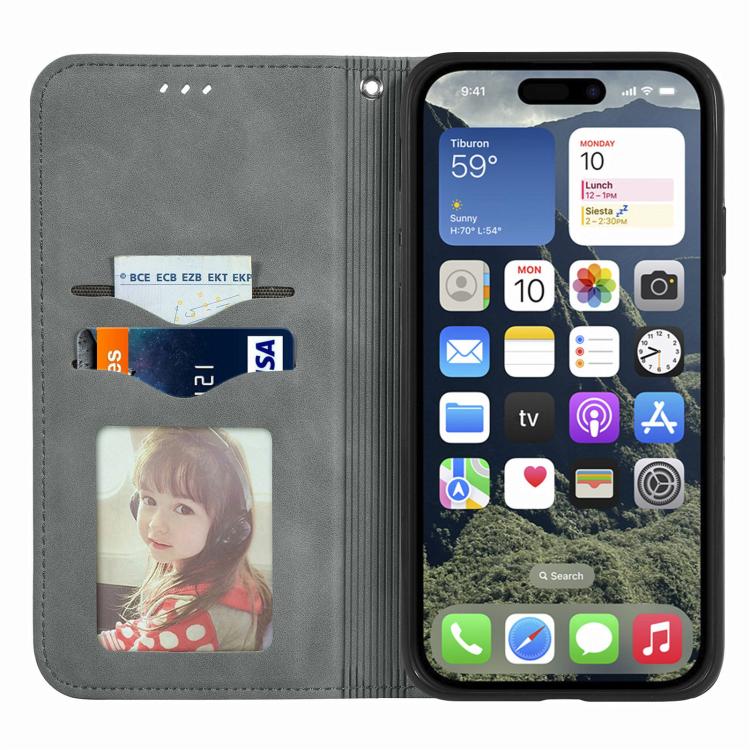 For iPhone 16e Retro Skin Feel Magnetic Flip Leather Phone Case(Gray) - iPhone 16e Cases by PMC TechLife | Online Shopping South Africa | PMC TechLife | Buy Now Pay Later Mobicred