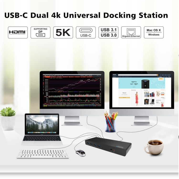 Wavlink UG69DK1 5K Type-C Dual Display USB 3.0 Video Gigabit Ethernet HDMI Docking Station, Plug:EU Plug - free shipping - PMC TechLife - Order now!