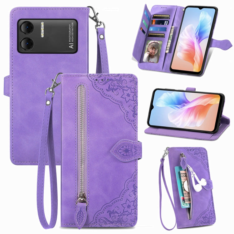 For DOOGEE X98 Pro / X98 Embossed Flower Zipper Leather Phone Case(Purple) - Doogee Cases by PMC TechLife | Online Shopping South Africa | PMC TechLife | Buy Now Pay Later Mobicred