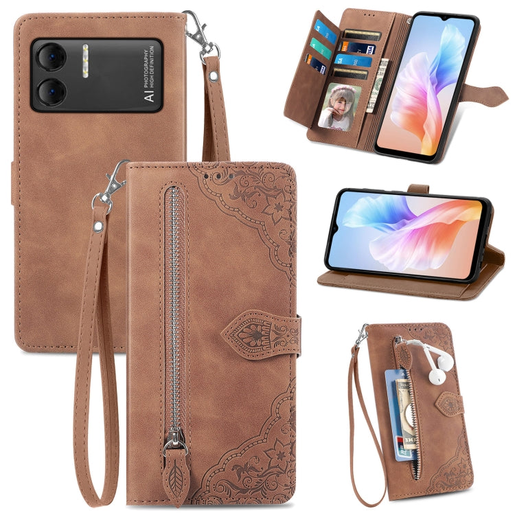 For DOOGEE X98 Pro / X98 Embossed Flower Zipper Leather Phone Case(Brown) - Doogee Cases by PMC TechLife | Online Shopping South Africa | PMC TechLife | Buy Now Pay Later Mobicred