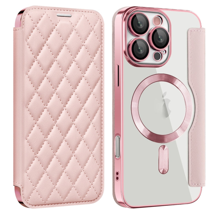 For iPhone 16 Pro Max Shield Magsafe RFID Anti-theft Rhombus Leather Phone Case(Pink) - iPhone 16 Pro Max Cases by PMC TechLife | Online Shopping South Africa | PMC TechLife | Buy Now Pay Later Mobicred