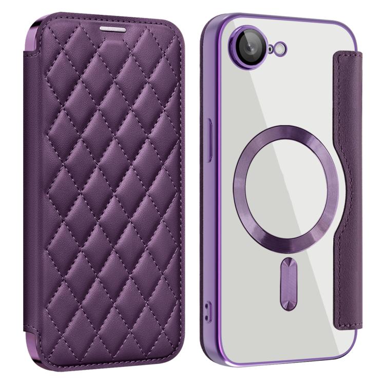 For iPhone 16e Shield Magsafe RFID Anti-theft Rhombus Leather Phone Case(Purple) - iPhone 16e Cases by PMC TechLife | Online Shopping South Africa | PMC TechLife | Buy Now Pay Later Mobicred