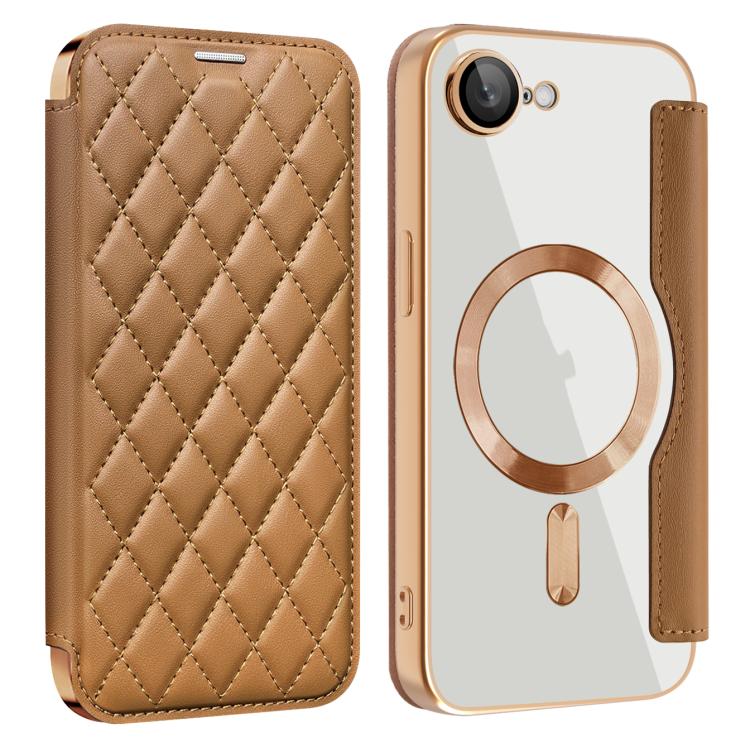 For iPhone 16e Shield Magsafe RFID Anti-theft Rhombus Leather Phone Case(Brown) - iPhone 16e Cases by PMC TechLife | Online Shopping South Africa | PMC TechLife | Buy Now Pay Later Mobicred