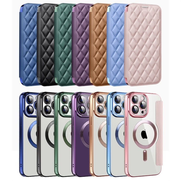 For iPhone 16 Shield Magsafe RFID Anti-theft Rhombus Leather Phone Case(Pink) - iPhone 16 Cases by PMC TechLife | Online Shopping South Africa | PMC TechLife | Buy Now Pay Later Mobicred