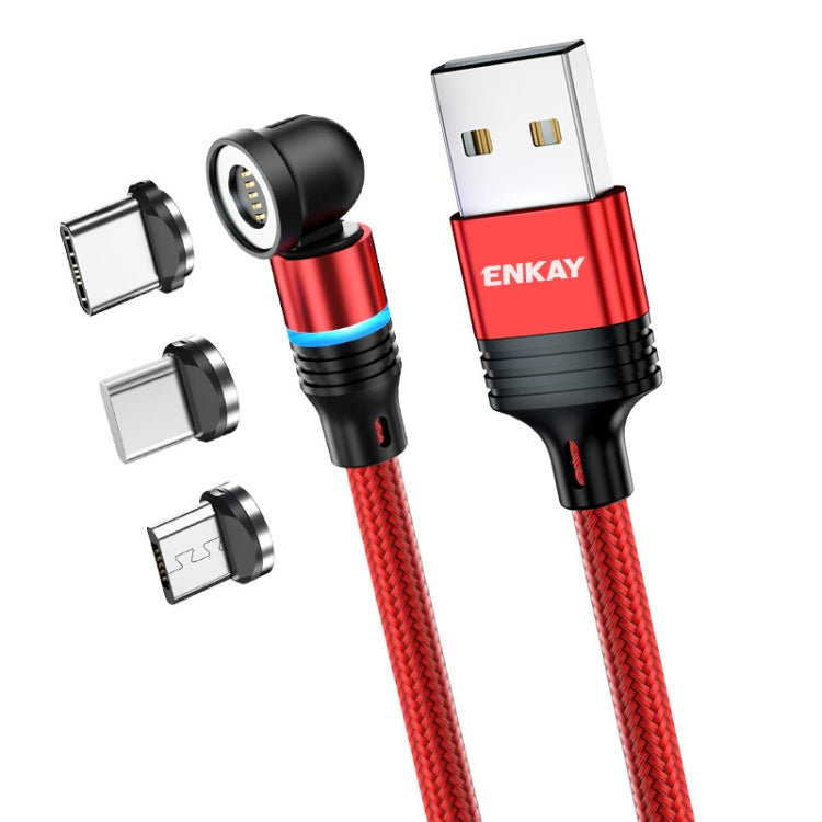 ENKAY 3 in 1 3A USB to Type-C / 8 Pin / Micro USB Magnetic 540 Degrees Rotating Fast Charging Cable, Length:2m(Red) - free shipping - PMC Jewellery - Order now!
