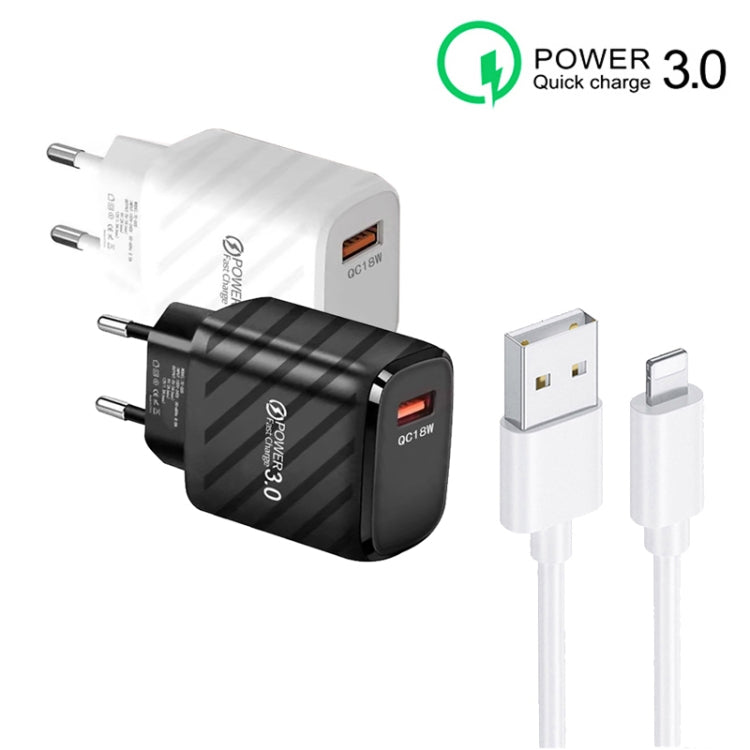 TE-005 QC3.0 18W USB Fast Charger with 1m 3A USB to 8 Pin Cable, EU Plug(White) - free shipping - PMC Jewellery - Order now!