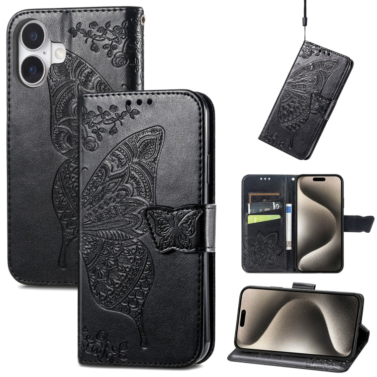 For iPhone 16 Plus Butterfly Love Flower Embossed Leather Phone Case(Black) - free shipping - PMC Jewellery - Order now!