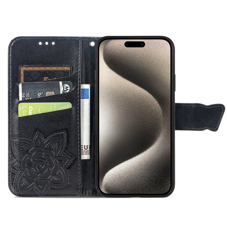 For iPhone 16 Plus Butterfly Love Flower Embossed Leather Phone Case(Black) - free shipping - PMC Jewellery - Order now!