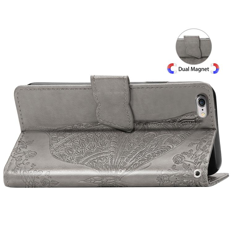For iPhone 16e Butterfly Love Flower Embossed Leather Phone Case(Gray) - iPhone 16e Cases by PMC TechLife | Online Shopping South Africa | PMC TechLife | Buy Now Pay Later Mobicred