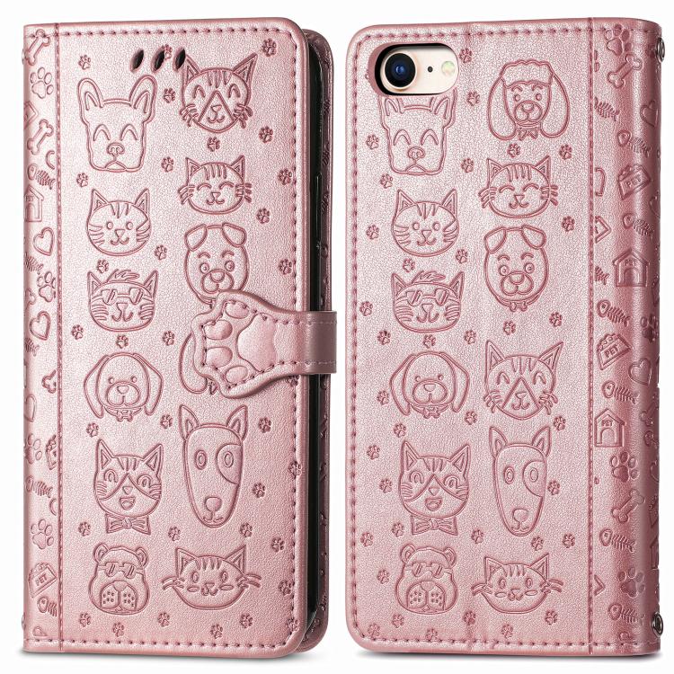 For iPhone 16e Cat and Dog Embossed Leather Phone Case(Rose Gold) - iPhone 16e Cases by PMC TechLife | Online Shopping South Africa | PMC TechLife | Buy Now Pay Later Mobicred
