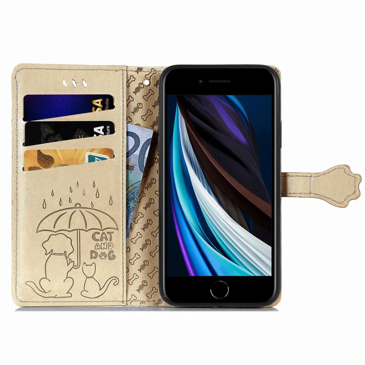 For iPhone 16e Cat and Dog Embossed Leather Phone Case(Gold) - iPhone 16e Cases by PMC TechLife | Online Shopping South Africa | PMC TechLife | Buy Now Pay Later Mobicred