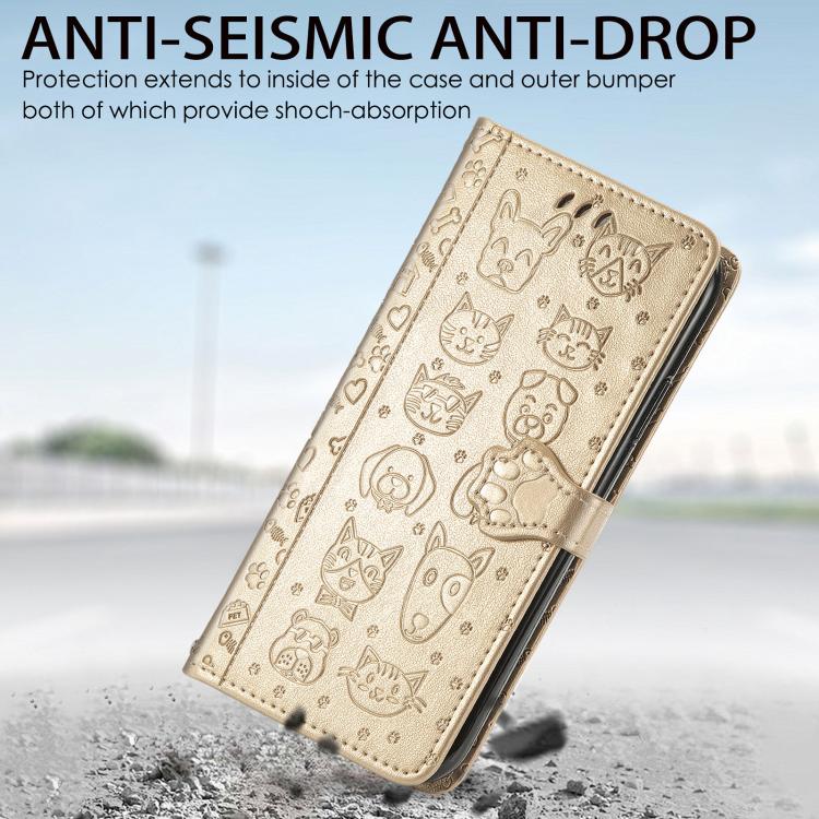 For iPhone 16e Cat and Dog Embossed Leather Phone Case(Gold) - iPhone 16e Cases by PMC TechLife | Online Shopping South Africa | PMC TechLife | Buy Now Pay Later Mobicred