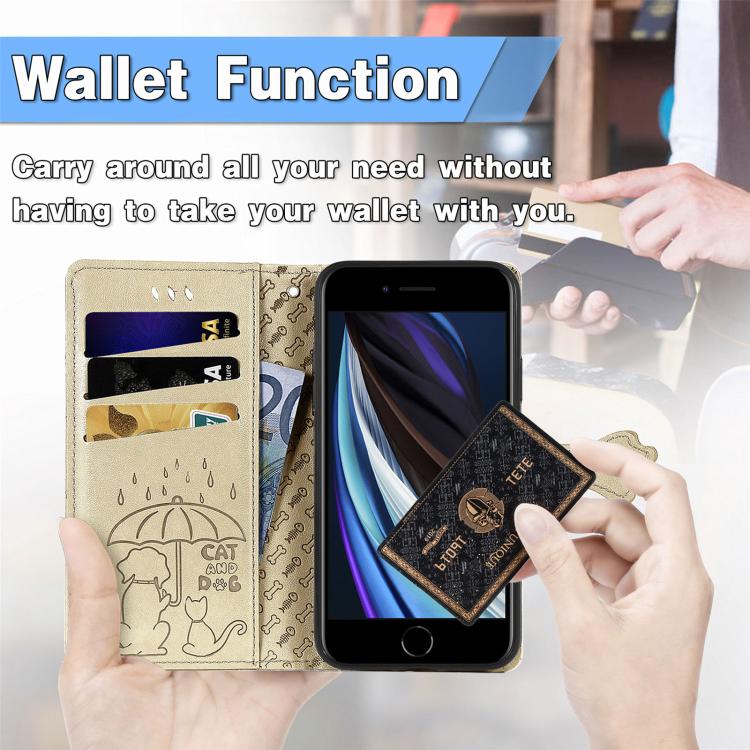For iPhone 16e Cat and Dog Embossed Leather Phone Case(Gold) - iPhone 16e Cases by PMC TechLife | Online Shopping South Africa | PMC TechLife | Buy Now Pay Later Mobicred