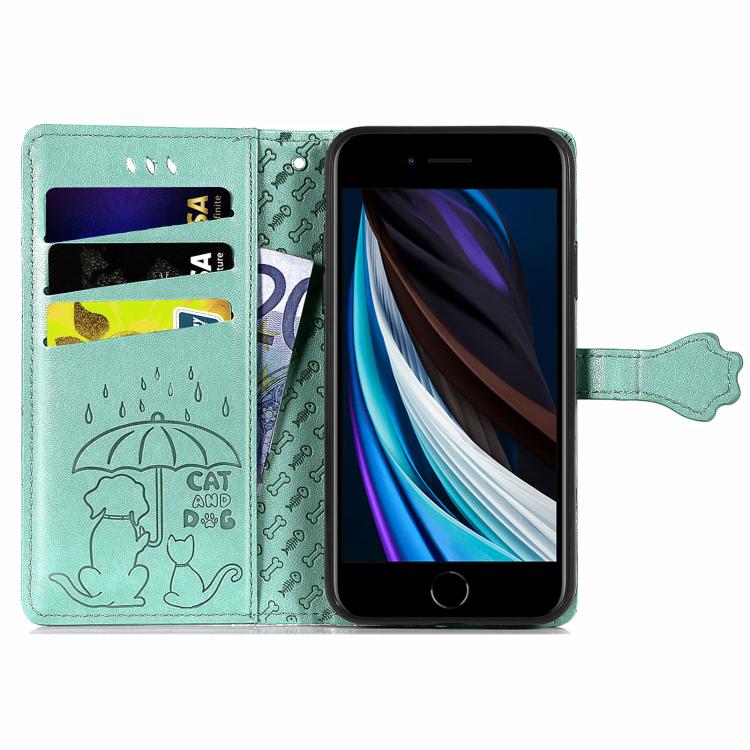 For iPhone 16e Cat and Dog Embossed Leather Phone Case(Green) - iPhone 16e Cases by PMC TechLife | Online Shopping South Africa | PMC TechLife | Buy Now Pay Later Mobicred