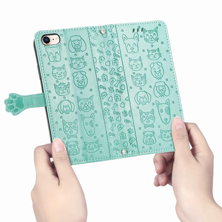 For iPhone 16e Cat and Dog Embossed Leather Phone Case(Green) - iPhone 16e Cases by PMC TechLife | Online Shopping South Africa | PMC TechLife | Buy Now Pay Later Mobicred