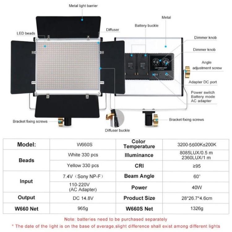 VLOGLITE W660S For Video Film Recording 3200-5600K Lighting LED Video Light with Tripod, Plug:UK Plug - free shipping - PMC TechLife - Order now!