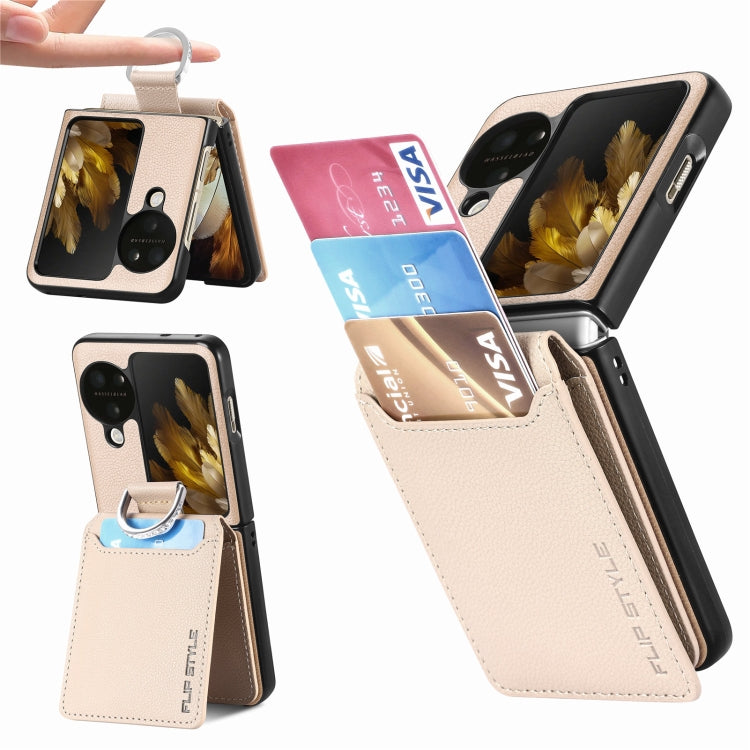 For OPPO Find N3 Flip Litchi PU Ring Holder Wallet Phone Case(Khaki) - Find N3 Flip Cases by PMC TechLife | Online Shopping South Africa | PMC TechLife