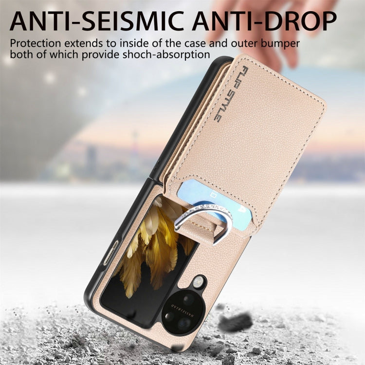For OPPO Find N3 Flip Litchi PU Ring Holder Wallet Phone Case(Khaki) - Find N3 Flip Cases by PMC TechLife | Online Shopping South Africa | PMC TechLife