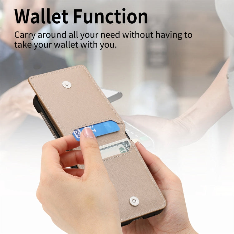 For OPPO Find N3 Flip Litchi PU Ring Holder Wallet Phone Case(Khaki) - Find N3 Flip Cases by PMC TechLife | Online Shopping South Africa | PMC TechLife