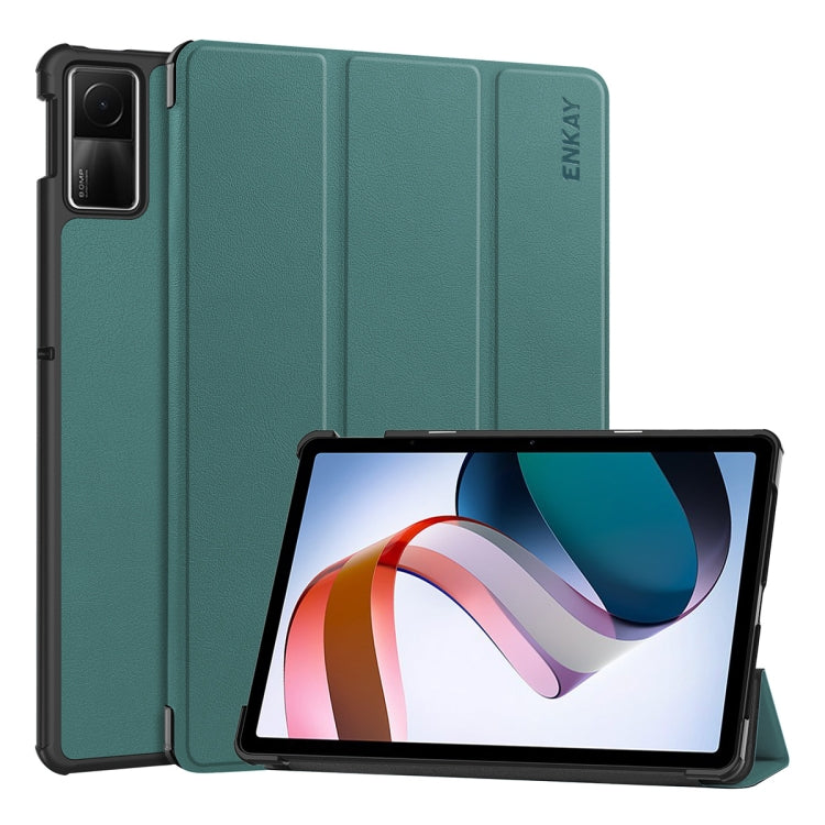 For Redmi Pad SE 11.0 ENKAY Tri-fold Custer Texture Leather Smart Tablet Case(Dark Green) - free shipping - PMc TechLife - Order now!