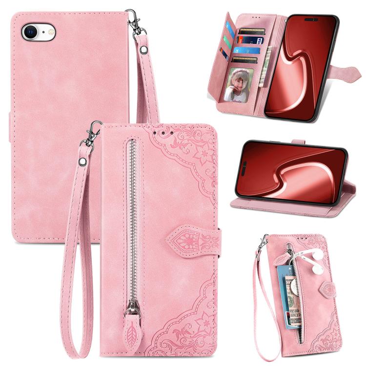 For iPhone 16e Embossed Flower Zipper Leather Phone Case(Pink) - iPhone 16e Cases by PMC TechLife | Online Shopping South Africa | PMC TechLife | Buy Now Pay Later Mobicred