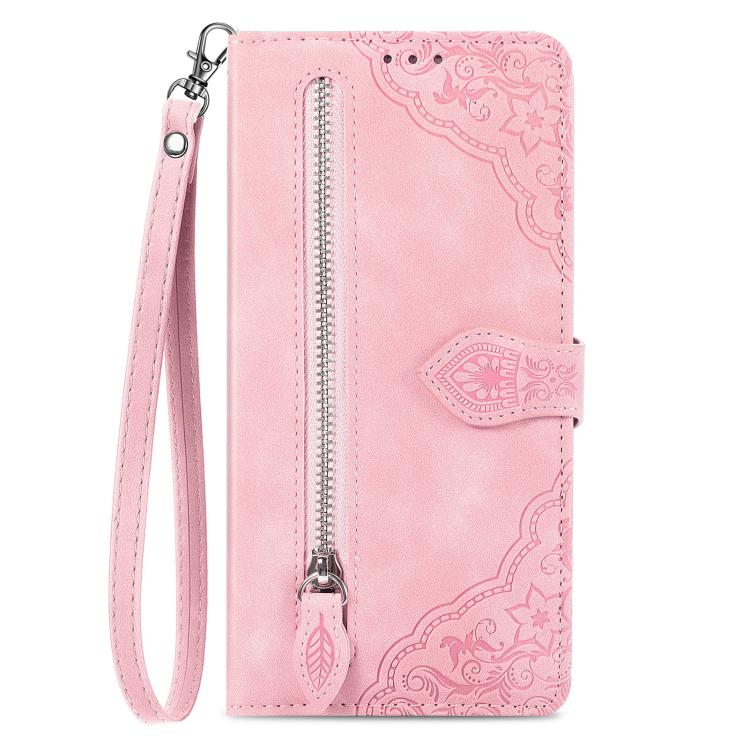 For iPhone 16e Embossed Flower Zipper Leather Phone Case(Pink) - iPhone 16e Cases by PMC TechLife | Online Shopping South Africa | PMC TechLife | Buy Now Pay Later Mobicred