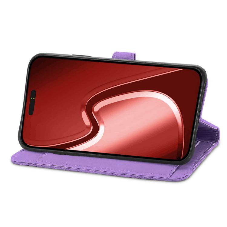 For iPhone 16e Embossed Flower Zipper Leather Phone Case(Purple) - iPhone 16e Cases by PMC TechLife | Online Shopping South Africa | PMC TechLife | Buy Now Pay Later Mobicred