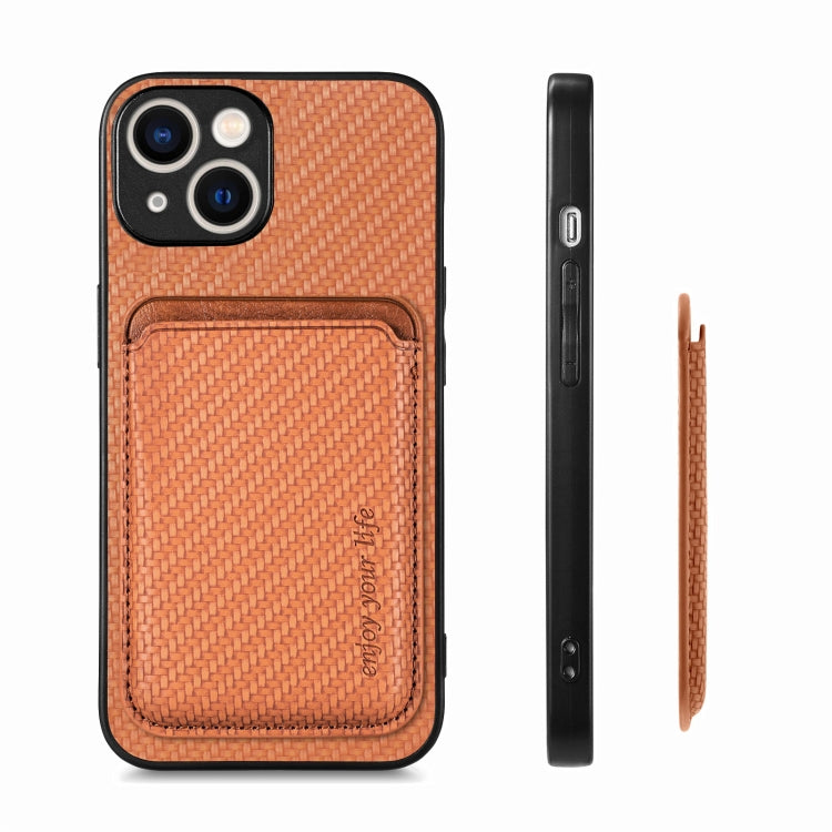 For iPhone 15 Plus Carbon Fiber Leather Card Magsafe Phone Case(Brown) - iPhone 15 Plus Cases by PMC TechLife | Online Shopping South Africa | PMC TechLife