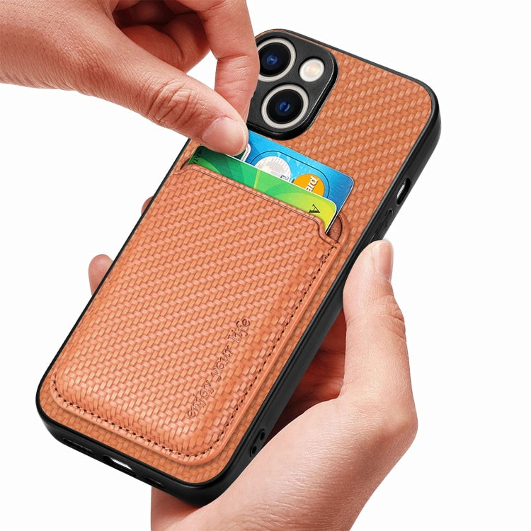 For iPhone 15 Plus Carbon Fiber Leather Card Magsafe Phone Case(Brown) - iPhone 15 Plus Cases by PMC TechLife | Online Shopping South Africa | PMC TechLife