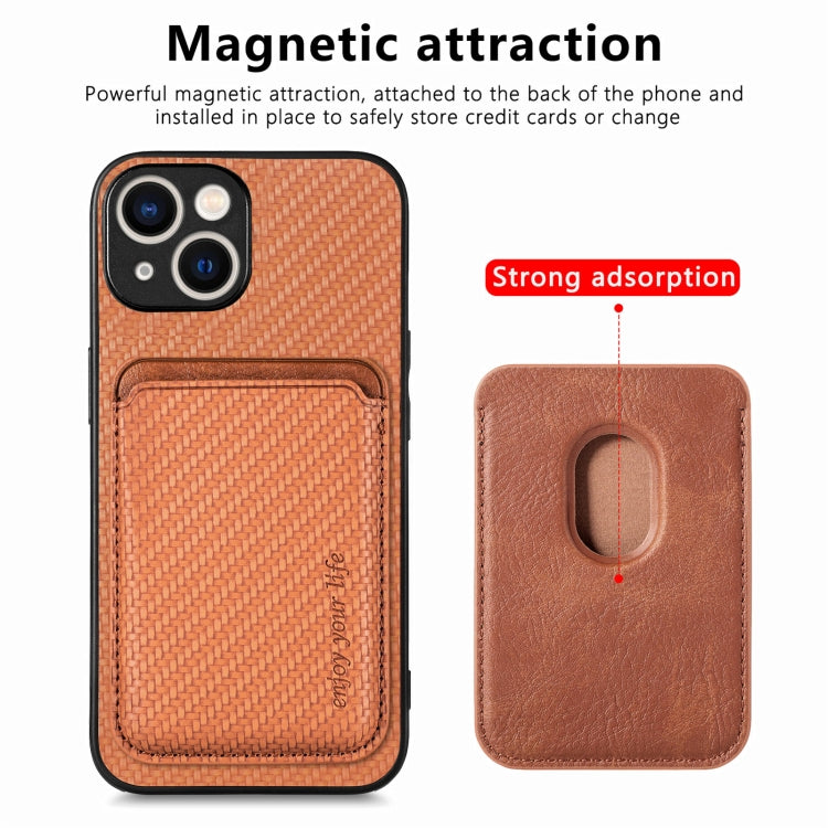 For iPhone 15 Plus Carbon Fiber Leather Card Magsafe Phone Case(Brown) - iPhone 15 Plus Cases by PMC TechLife | Online Shopping South Africa | PMC TechLife