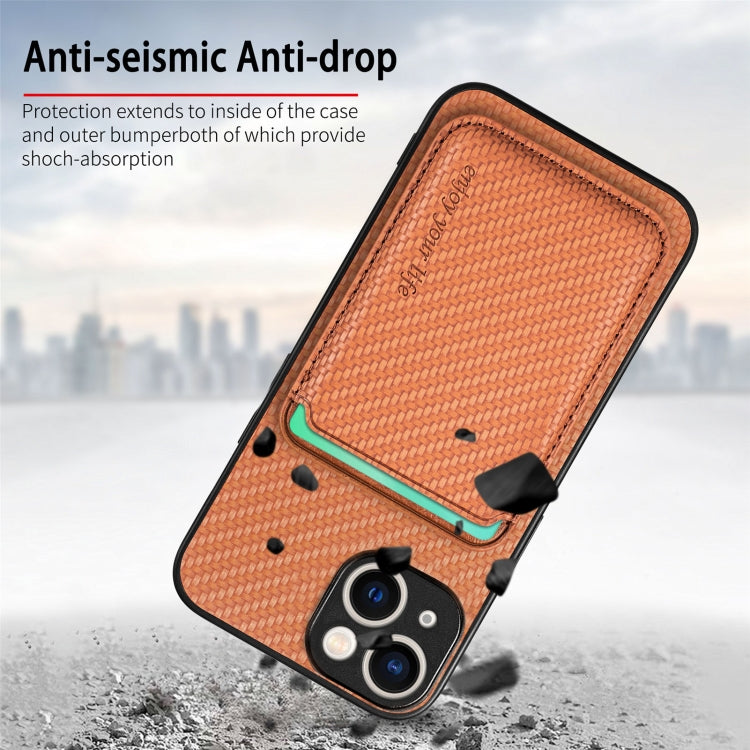 For iPhone 15 Plus Carbon Fiber Leather Card Magsafe Phone Case(Brown) - iPhone 15 Plus Cases by PMC TechLife | Online Shopping South Africa | PMC TechLife