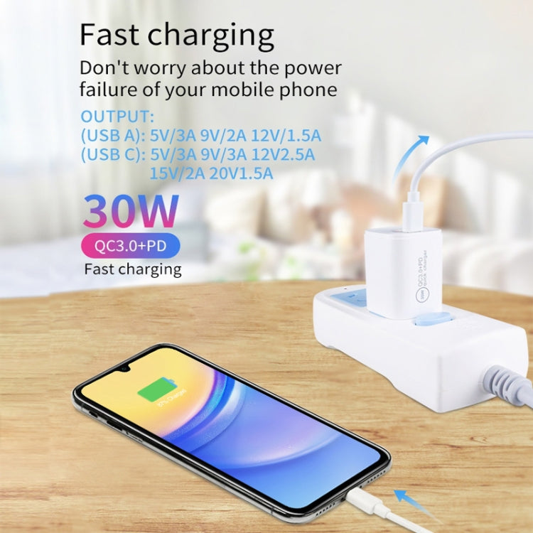 PD30W USB-C / Type-C + QC3.0 USB Charger with 1m Type-C to Type-C Data Cable, AU Plug(White) - USB Charger by PMC TechLife | Online Shopping South Africa | PMC TechLife | Buy Now Pay Later Mobicred